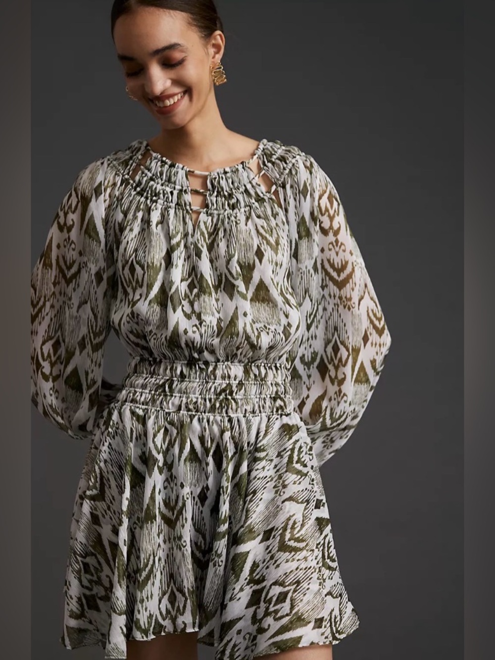 Misa Los Angeles White & Olive Ikat Smocked Peasant Top size Medium